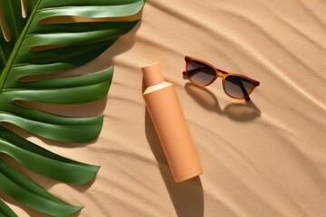 Healthy suntan concept. High angle view photo of sunscreen spray,sunglasses, slippers and palm leaf...