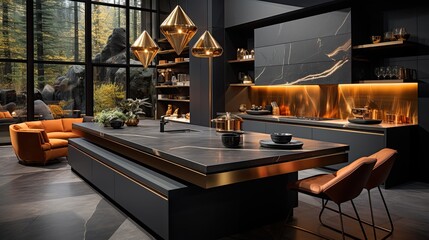Interior design of a kitchen room,large view photo, contemporary, black and gold 