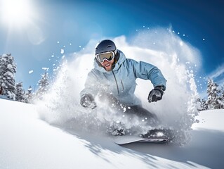 Fototapeta na wymiar photography, A winter sports enthusiast in a white face mask hits the slopes, exhilarated, snowy mountain, action-packed shot