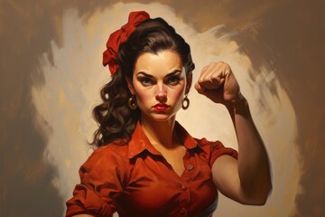 Strong powerful feminist woman. We can do it! Woman's fist as symbol of female power. Woman's day retro card, poster, banner