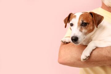 Senior man with cute dog on pink background
