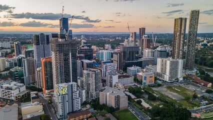 Aerial drone view of Parramatta cbd in Sydney, NSW Australia during a late afternoon in December 2023