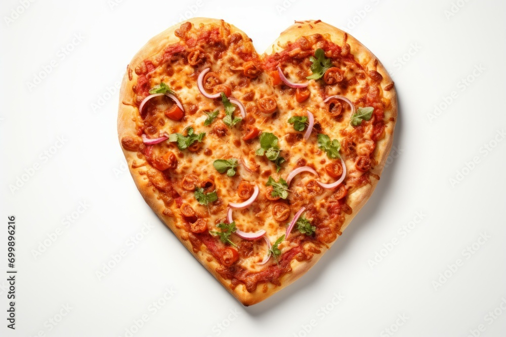 Poster pizza in the shape of a heart. background with selective focus and copy space
