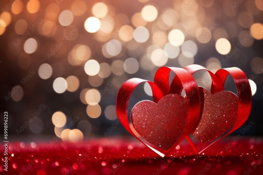 Poster heart with sparkles and red ribbon. background with selective focus and copy space