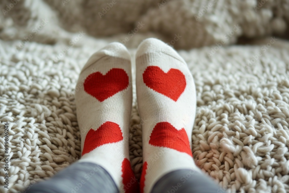 Poster socks with a heart. background with selective focus and copy space