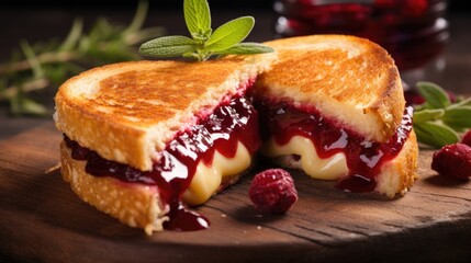 A heartshaped grilled cheese sandwich, filled with gooey melted cheese and cranberry sauce for a sweet and savory twist. - obrazy, fototapety, plakaty