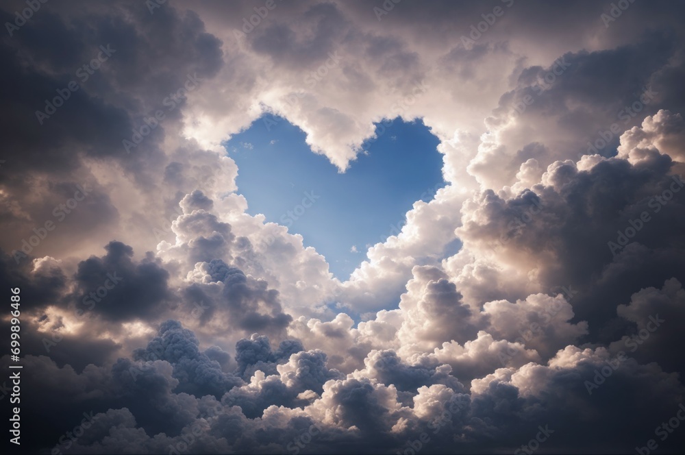 Poster a sky opening in the shape of a heart surrounded by clouds or clouds. background with selective focu