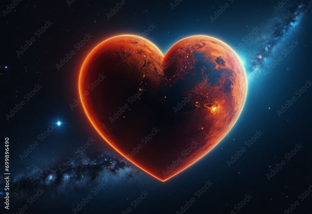 Poster planet in the shape of a heart with a glowing outline. background with selective focus and copy spac