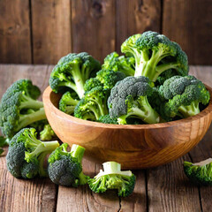 Fresh broccoli in wooden plate kitchen background, food, cuisine