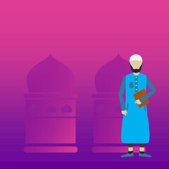 Illustration of a teacher/cleric while teaching with a silhouette of a mosque in the background