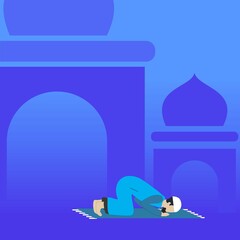 Illustration of people praying while prostrating with a mosque background silhouette