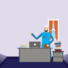 illustration of a teacher/cleric with a laptop giving a presentation with a silhouette in the background in the room
