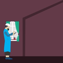 illustration of a person opening a cellphone in front of a window with a silhouette of an indoor background