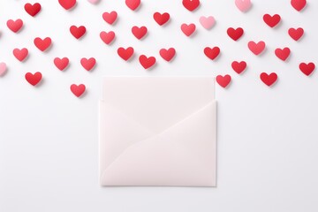 Pink paper envelope with red hearts on white background. Romantic love letter for the Valentine's day. Letter card, wedding invitation. Love Concept