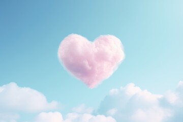 Pink fluffy heart cloud on blue sky. Beautiful romantic love background with copy space. Valentine Day, wedding, mother's day concept. Design for greeting card, flyer, banner, poster