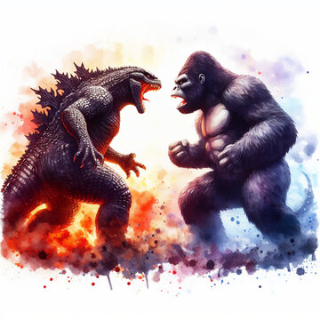 Fight between king kong and godzilla in colorful sketch style design