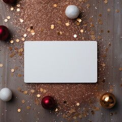 Empty white greeting card over scattered golden sequins, glitter and confetti isolated on wooden background with blank space. Mockup template. Flat lay, top view with place for text