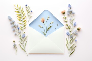 Letter with flowers inside. Love letter with spring flowers. Modern greeting concept. Beautiful floristic compoValentine, mother's, women's day, weeding or birthday gift. Greeting card, banner