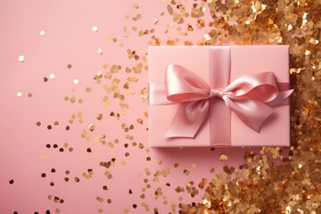 Obraz na płótnie Canvas Gift box with scratched shining golden confetti and glitter on a pink background. Minimalistic greeting card for birthday, wedding, mother's, woman or Valentine day. Holiday banner with copy space.