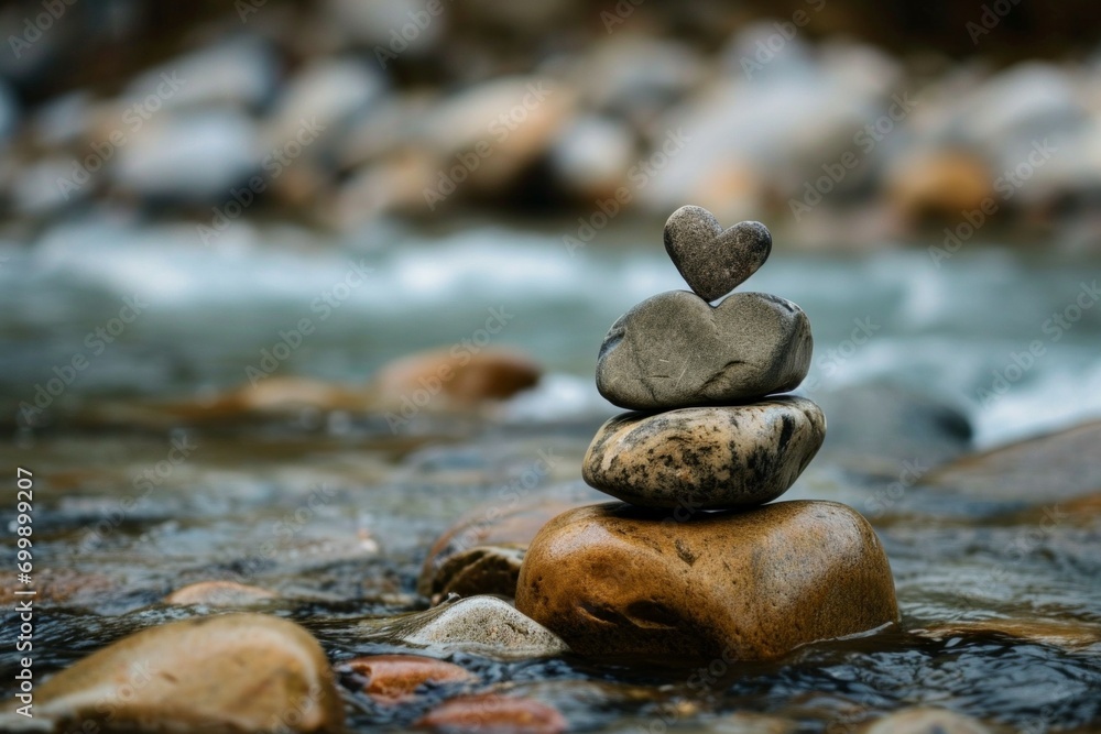 Aufkleber a cairn with a heart-shaped stone on top. backdrop with selective focus and copy space