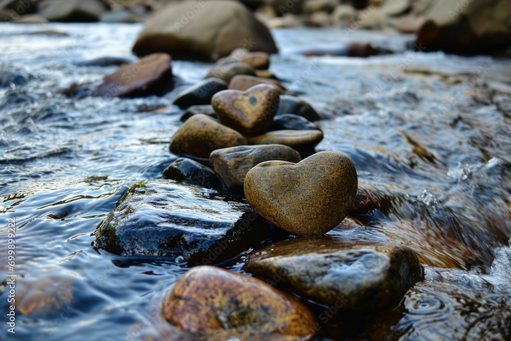 Poster heart-shaped stone in a mountain stream. backdrop with selective focus and copy space for the inscri