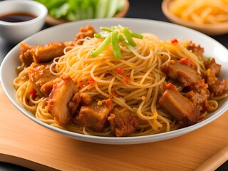 dry noodle with pork on table
