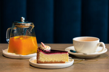 Cake or dessert for fruit tea. Background with selective focus and copy space