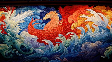 Traditional phoenix in colorful flame-like pattern artwork