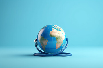 World Health Day. Global Health Awareness Concept. Globe and Stethoscope on blue background