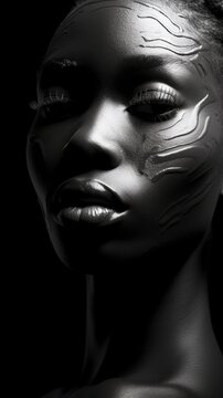 Black and white photo of a young black African woman, in professional makeup, transcendent, high contrast, white background, beautiful facial sculpt, beautiful bone structure with generative ai
