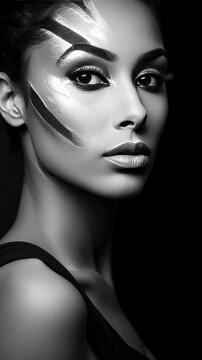 Black and white photo of a young black African woman, in professional makeup, transcendent, high contrast, white background, beautiful facial sculpt, beautiful bone structure with generative ai