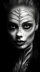 Black and white photo of a young black African woman, in professional makeup, transcendent, high contrast, white background, beautiful facial sculpt, beautiful bone structure with generative ai