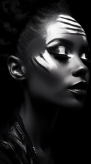 Black and white photo of a young black African woman, in professional makeup, transcendent, high contrast, white background, beautiful facial sculpt, beautiful bone structure with generative ai