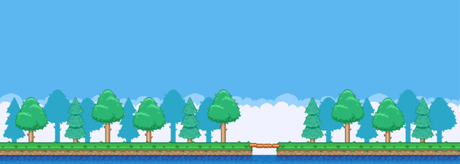 8bit colorful simple vector pixel art horizontal illustration of cartoon bridge over water in the woods in retro video game platformer level style
