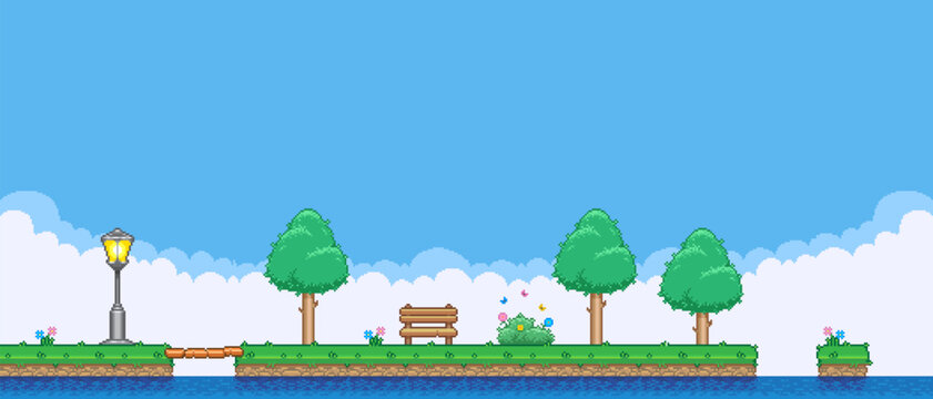 8bit colorful simple vector pixel art horizontal illustration of the cartoon bench on the island between deciduous trees in retro video game platforme