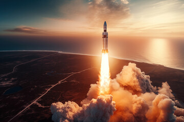 Aerial view of rocket launch at sunrise over ocean coast