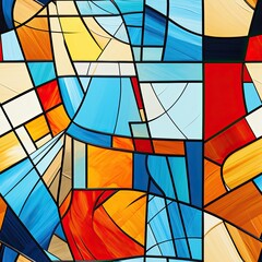 Colorful Stained Glass Style Abstract Painting with Geometric Shapes and Lines
