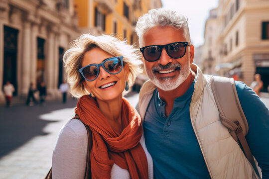 Exploring travel, vacation, lifestyles, and leisure: A joyous middle-aged couple embarks on a journey together.





