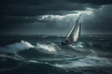 sailboat in the sea during storm. Generative AI - obrazy, fototapety, plakaty