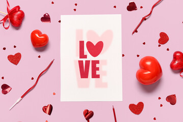Card with text LOVE, candles and heart shaped decor on lilac background. Valentines Day celebration
