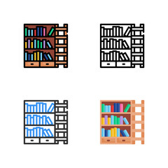 bookshelf icon in four different styles for education, library, literacy and education.
