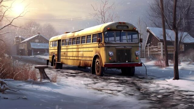 school bus covered in snow during winter, loop video background animation, cartoon anime style, for vtuber / streamer backdrop