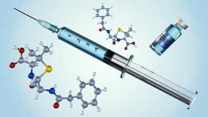 3D rendering of penicillin G or Benzilpenisilin molecules with medical syringe and injectable drug
