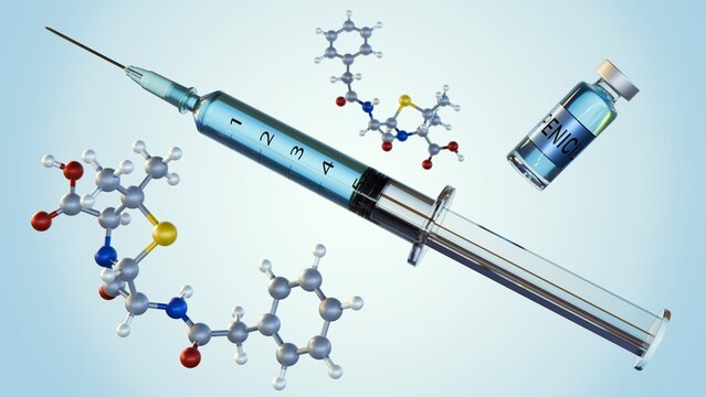 3D rendering of penicillin G or Benzilpenisilin molecules with medical syringe and injectable drug