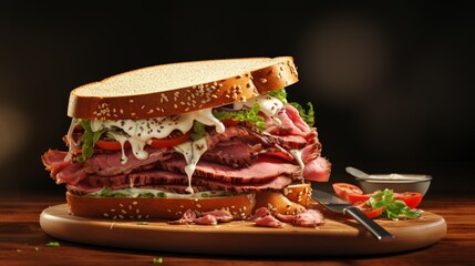 A 3D rendering of a hearty roast beef sandwich, highlighting the tenderness of the meat and the contrast of horseradish sauce.