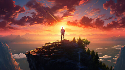 Fototapeta premium A person standing on top of a mountain at sunset. Generative Ai