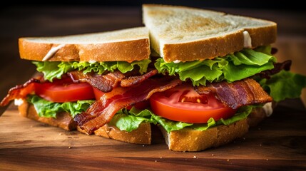A close-up shot of a loaded BLT sandwich, emphasizing the crispy bacon, fresh tomatoes, and lettuce.