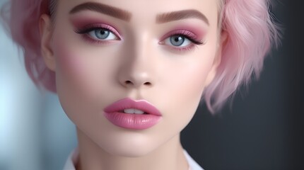 Fashion editorial Concept. Closeup portrait of stunning pretty woman with chiseled features, pink makeup - obrazy, fototapety, plakaty