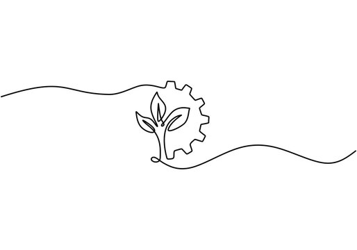 recommend clip art: Continuous line drawing of gear with leaves. Green technology concept
