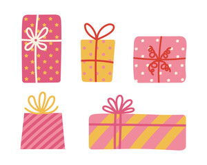 Gift box vector icon set. Funny closed containers with bow, ribbon. Cute pink and gold presents are packed in wrapping paper with polka dots, stars, stripes. Surprise for Valentines day, romantic date